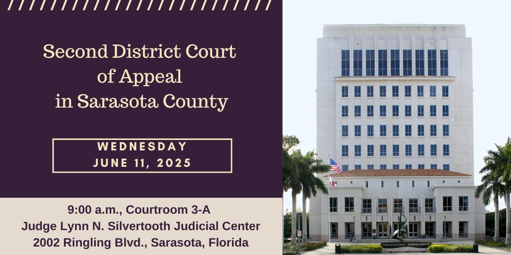 2dca_flcourts's tweet image. Judges Silberman, Rothstein-Youakim, and Smith will hear oral arguments in Sarasota on Wednesday, June 11, 2025. The docket can be found on our website: 2dca.flcourts.gov/Oral-Arguments…