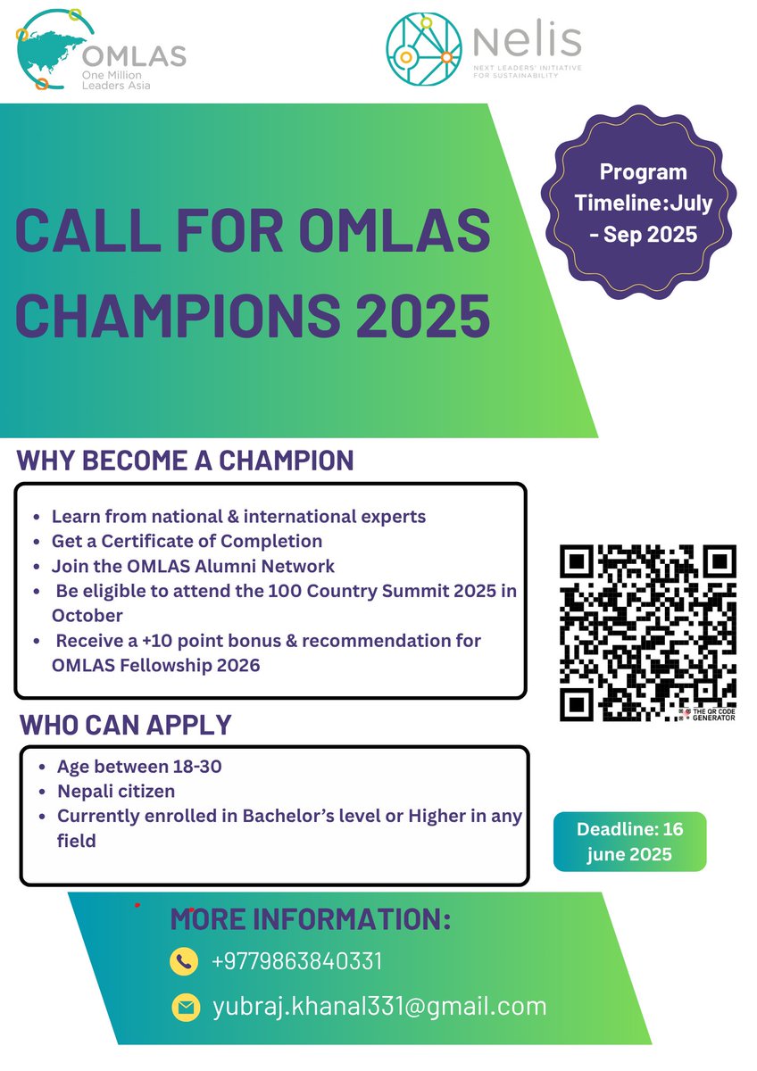 baghko_damaru's tweet photo. CALLING YOUNG CHANGEMAKERS FROM NEPAL! 
Are you passionate about sustainability, leadership, and social innovation? Do you want to join a vibrant network of youth across Asia-Pacific working toward real change? You can join as  OMLAS champion
📩 Apply Now:
https://t.co/8zwiZCIToj https://t.co/9iHFUDX6u7