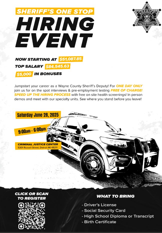 The Wayne County Sheriff's office is having an hiring event Saturday June 28, 2025. #Hiring #Hiringevent