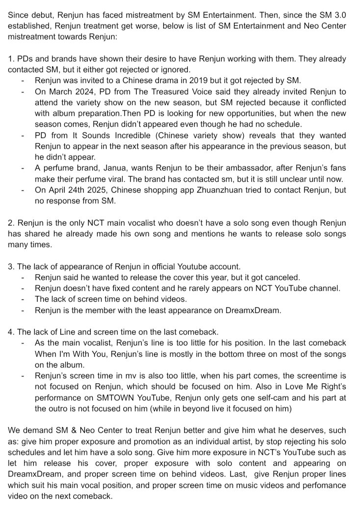 Almost 10 years since Renjun debuted, but SM and Neo ha failed to support Renjun as an artist. We demand Neo Center to treat him better!

RENJUN DESERVE BETTER TREATMENT
#TREAT_RENJUN_BETTER
#CENTER4_BE_FAIR_TO_RENJUN

<a href="/NCTsmtown/">NCT</a>  <a href="/NCTsmtown_DREAM/">NCT DREAM</a> <a href="/NCT_OFFICIAL_JP/">NCT_OFFICIAL_JP</a> <a href="/SMTOWNGLOBAL/">SMTOWN</a>