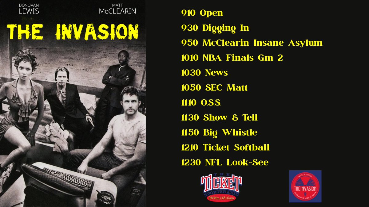 The Invasion (@invasion9til1) on Twitter photo The storms have cleared and there are sports to talk. Tune in with <a href="/GreatDonovan/">Donovan Lewis</a> & <a href="/McMattRadio/">Matt McClearin</a> 9-1p on <a href="/dfwticket/">96.7 The Ticket</a> for HSOs aplenty. We have the Insane Asylum at 9:50, SEC Matt at 10:50 and another edition of Ticket Softball at 12:10. The storms have cleared and there are sports to talk. Tune in with <a href="/GreatDonovan/">Donovan Lewis</a> & <a href="/McMattRadio/">Matt McClearin</a> 9-1p on <a href="/dfwticket/">96.7 The Ticket</a> for HSOs aplenty. We have the Insane Asylum at 9:50, SEC Matt at 10:50 and another edition of Ticket Softball at 12:10.