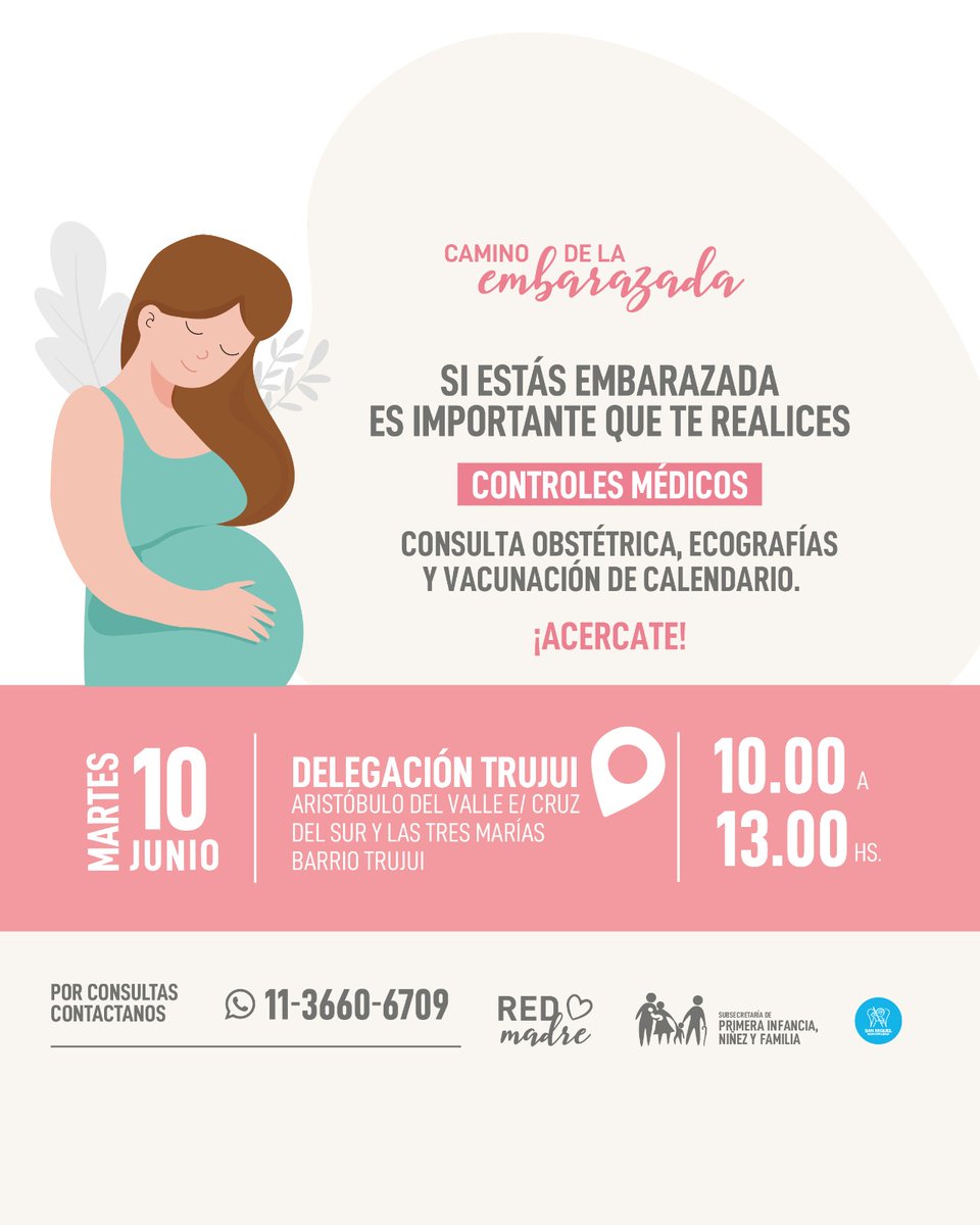 El martes 10 de junio realizaremos un nuevo operativo de Camino de la Embarazada en Barrio Trujui, para que quienes lo necesiten puedan realizarse los controles debidos🤰
Mirá los detalles del operativo en la foto