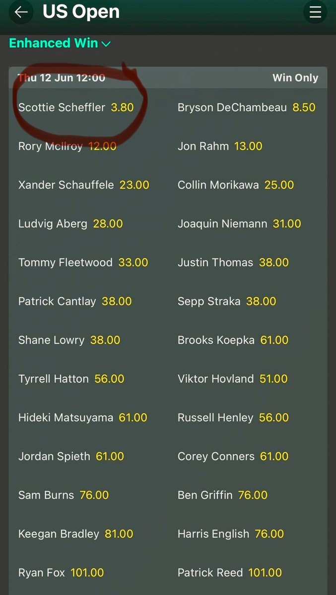 ⛳️💰⛳️💰My brother just sent me the odds for this weeks ⁦<a href="/usopengolf/">U.S. Open</a>⁩

Scottie Scheffler is +380. I haven’t seen golf odds this short since Tiger Woods at St Andrews! 

Who are you picking?