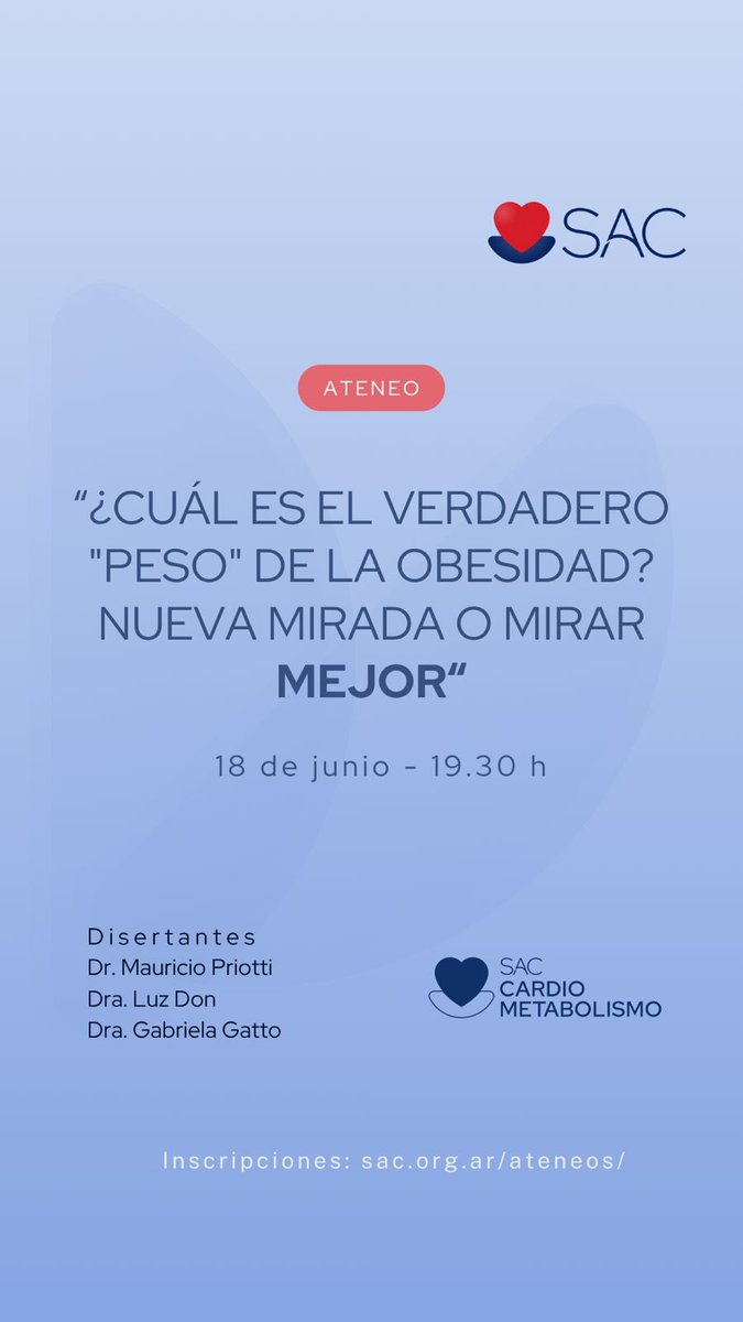 ATENEO CONSEJO CARDIOMETABOLISMO

📇 Agendalo !!
🗓️ MIERCOLES 18 de junio
⏰ 19.30 hs

👨‍💻 abierta la inscripción
sac.org.ar/sac-eventos/cu…