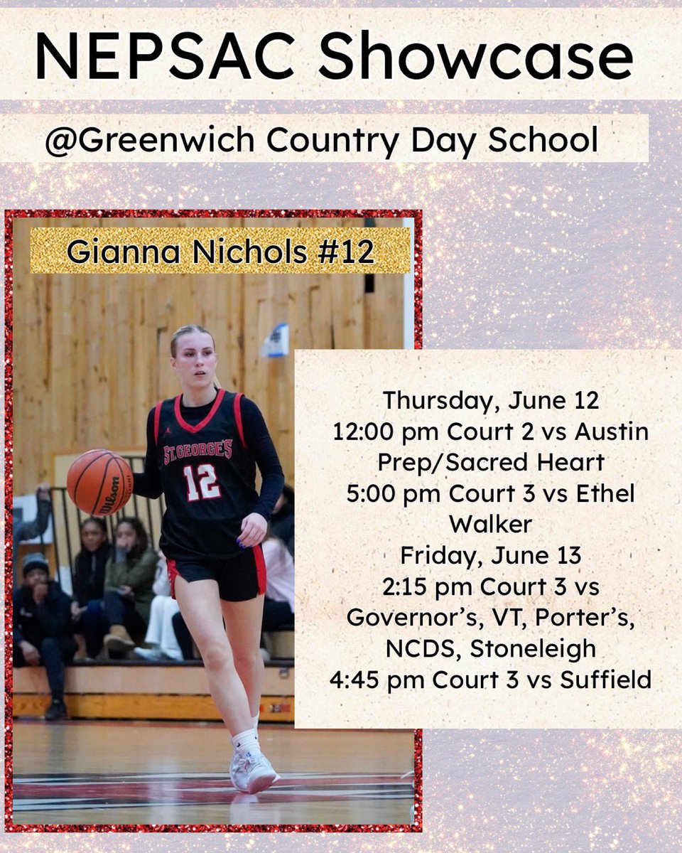 Gianna Nichols (@giannamnichols) on Twitter photo Excited to play in the NEPSAC Showcase on Thursday and Friday with my Saint George’s teammates. We are combining with Portsmouth Abbey for this tournament. <a href="/SGgirlshoops/">St. George's School Girls Basketball</a> <a href="/BayStateJags/">Bay State Jaguars</a> <a href="/LaurieBollin/">LAURIE BOLLIN</a> <a href="/JagsRecruiting/">Bay State Jaguars Recruiting</a> <a href="/mrodrigues423/">Matt Rodrigues</a> <a href="/CoachTyMosley/">Coach Tyreik Mosley</a> <a href="/NEPSGBCA/">NEPSGBCA</a> Excited to play in the NEPSAC Showcase on Thursday and Friday with my Saint George’s teammates. We are combining with Portsmouth Abbey for this tournament. <a href="/SGgirlshoops/">St. George's School Girls Basketball</a> <a href="/BayStateJags/">Bay State Jaguars</a> <a href="/LaurieBollin/">LAURIE BOLLIN</a> <a href="/JagsRecruiting/">Bay State Jaguars Recruiting</a> <a href="/mrodrigues423/">Matt Rodrigues</a> <a href="/CoachTyMosley/">Coach Tyreik Mosley</a> <a href="/NEPSGBCA/">NEPSGBCA</a>