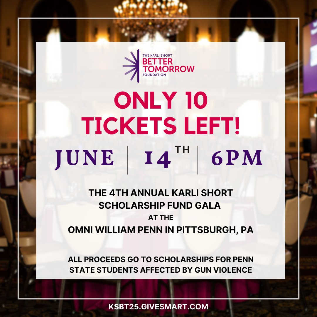 Karli Short Better Tomorrow Foundation (@ksbtfoundation) on Twitter photo ๐๏ธ ONLY 10 TICKETS LEFT! KSBT25.givesmart.com ๐๏ธ
There's still time to get your tickets to the Karli Short 2025 gala to experience a wonderful night that helps provide scholarships to Penn State students that have been affected by gun violence.
<a href="/brandonshort43/">Brandon Short</a> ๐๏ธ ONLY 10 TICKETS LEFT! KSBT25.givesmart.com ๐๏ธ
There's still time to get your tickets to the Karli Short 2025 gala to experience a wonderful night that helps provide scholarships to Penn State students that have been affected by gun violence.
<a href="/brandonshort43/">Brandon Short</a>