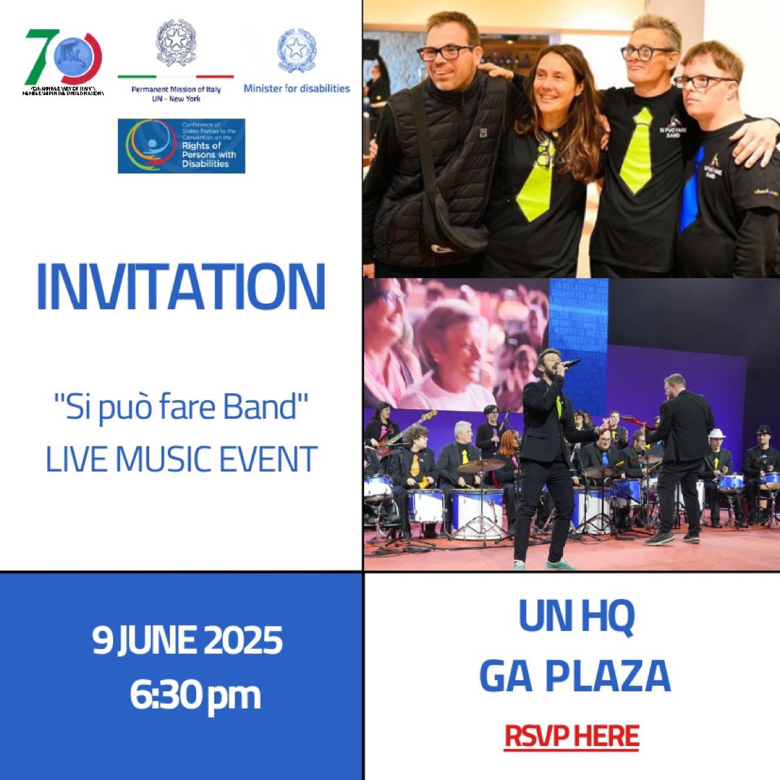 Italy UN New York (@italyun_ny) on Twitter photo SEE YOU TONIGHT!🎶🎷
Join 🇮🇹 at #COSP18 to celebrate the power of music to foster inclusivity and to raise awareness on the importance of guaranteeing the rights, dignity and opportunities for persons with disabilities.
🗓️June 9th, at 6:30 pm
📍🇺🇳UNHQ GA Plaza
<a href="/Ale_Locatelli_/">Alessandra Locatelli</a> SEE YOU TONIGHT!🎶🎷
Join 🇮🇹 at #COSP18 to celebrate the power of music to foster inclusivity and to raise awareness on the importance of guaranteeing the rights, dignity and opportunities for persons with disabilities.
🗓️June 9th, at 6:30 pm
📍🇺🇳UNHQ GA Plaza
<a href="/Ale_Locatelli_/">Alessandra Locatelli</a>
