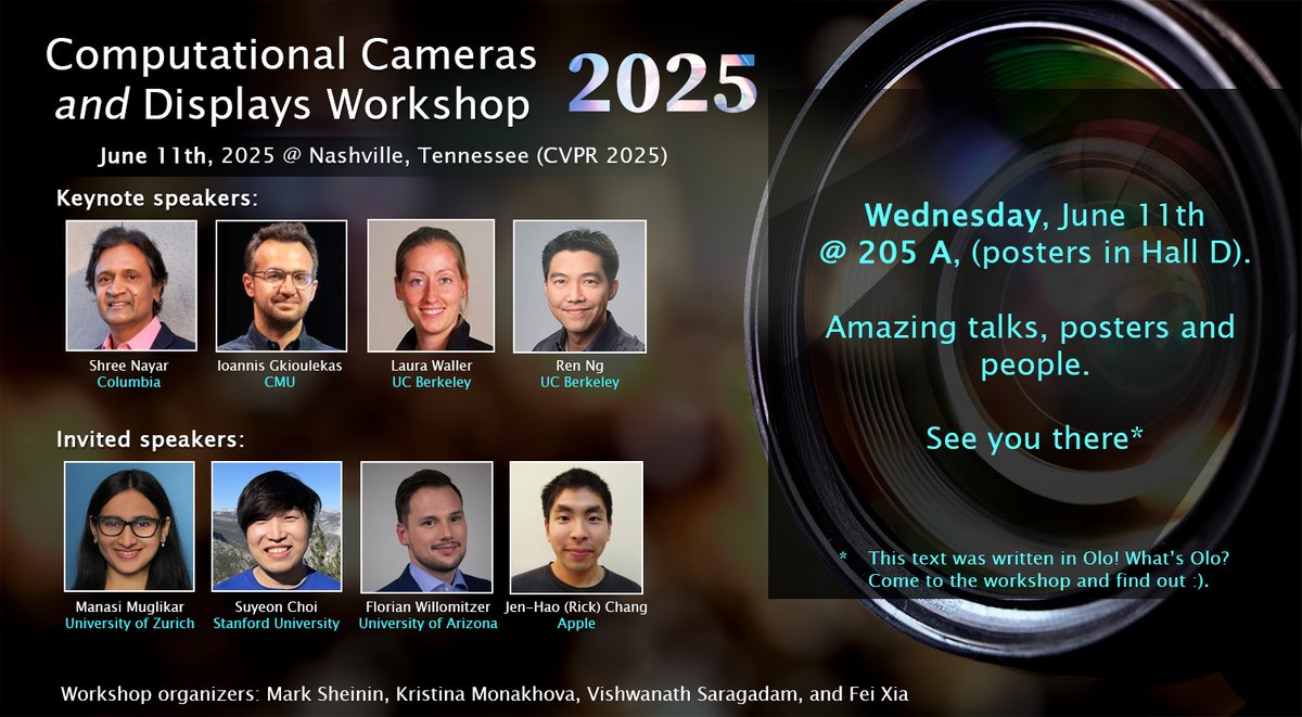 Mark Sheinin (@marksheinin) on Twitter photo Reminder: CCD 2025 is happening this Wednesday (full day) <a href="/CVPR/">#CVPR2025</a>.
kristinamonakhova.com/ccd2025/
Location: 205 A, (posters in Hall D)
Want to contribute a question to our fantastic panel discussion? Type it here: forms.gle/SRQoPZw1wazA8X…
See ya Wednesday! Reminder: CCD 2025 is happening this Wednesday (full day) <a href="/CVPR/">#CVPR2025</a>.
kristinamonakhova.com/ccd2025/
Location: 205 A, (posters in Hall D)
Want to contribute a question to our fantastic panel discussion? Type it here: forms.gle/SRQoPZw1wazA8X…
See ya Wednesday!