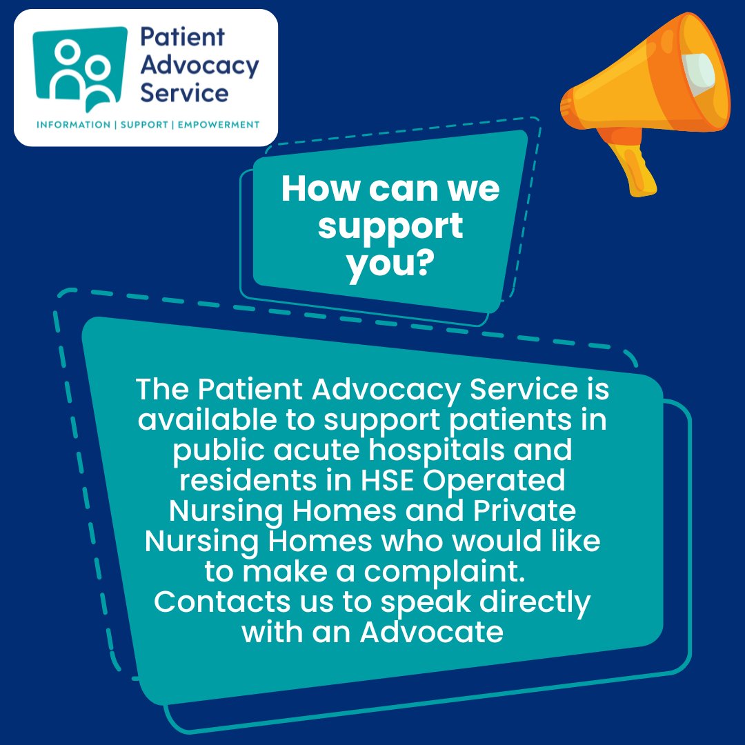 The Patient Advocacy Service can support patients in public acute hospitals and residents in nursing homes who would like to make a complaint.
Phone 0818 293003 or email info@patientadvocacyservice.ie
Or visit patientadvocacyservice.ie

#advocacy #humanrights