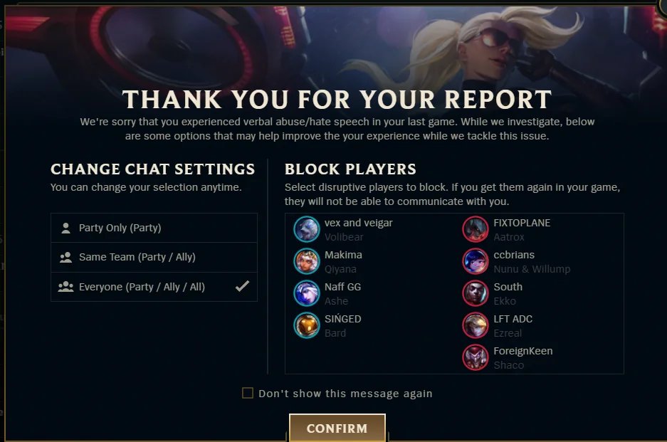 Renforcement du système de sanctions.

Suite au dernier Dev Update, les tests sur la détection des comportements toxiques en jeu (même subtils) sont concluants : plus précis, quasi sans erreur. Cela nous permet d’intensifier les sanctions contre les leavers, les insultes, mais