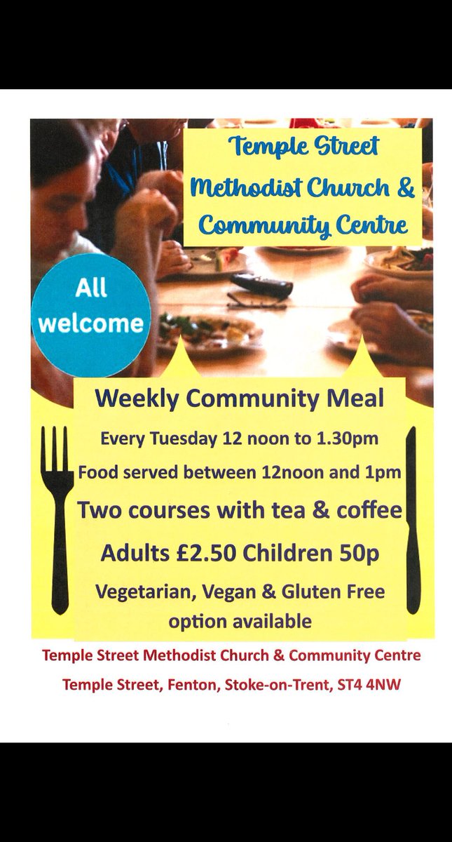 Join us this Tuesday afternoon here at Temple Street Methodist Church &amp; Community Centre at 12.00pm for our Weekly Community Meal.  On the menu this week is Gammon Dinner followed by Gateau, and unlimited drinks.