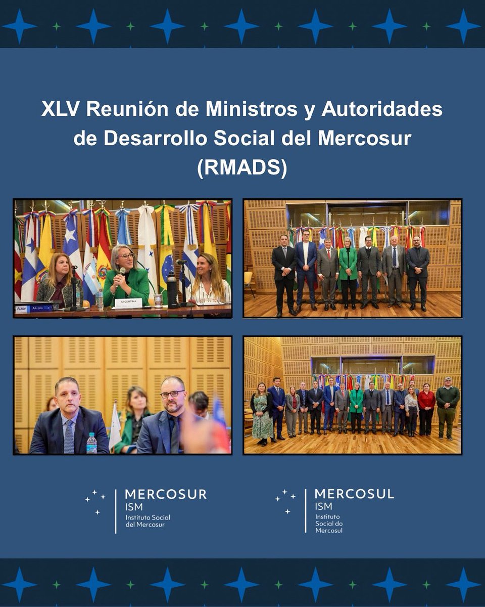 El ISM participo en la XLV Reunion de
Ministros y Autoridades de Desarrollo Social del MERCOSUR
Participaron las delegaciones de 🇦🇷🇧🇷🇵🇾🇺🇾además de los Estados asociandos de 🇨🇱🇨🇴y 🇵🇪por videoconferencia.

#SM #MERCOSUR #RMADS
#PolíticasSociales #Webinarios
#Revista #Seminarios