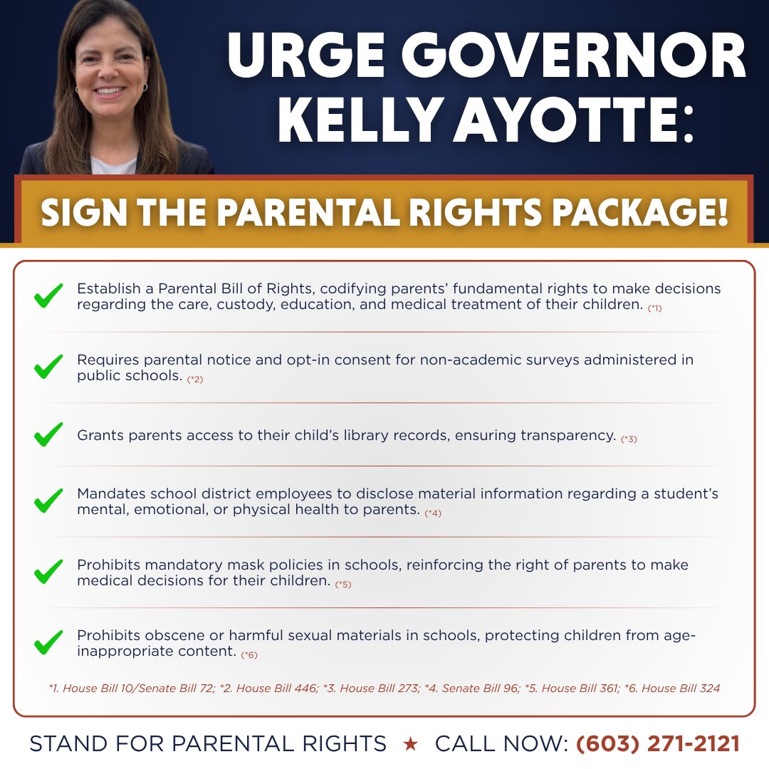 CANewHampshire's tweet image. The Parental Rights Package —a groundbreaking set of seven bills — has passed the General Court and now awaits Governor Kelly Ayotte’s signature to become law.
Here’s how these bills empower parents:
✅ HB10 & SB72: Establish a Parental Bill of Rights, securing your authority…