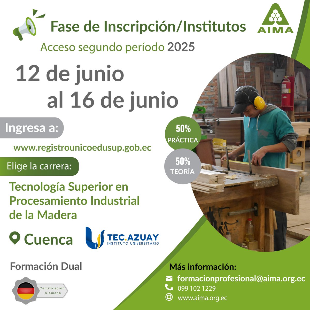 #Fechasdeinscripción🎓Estudia la Tecnología en Procesamiento Industrial de la Madera en el Instituto Universitario Tecnológico del Azuay y aprovecha la formación dual.

📅 Del 12 al 16 de junio

🔗 Inscríbete ahora en: registrounicoedusup.gob.ec

¡No dejes pasar esta oportunidad!