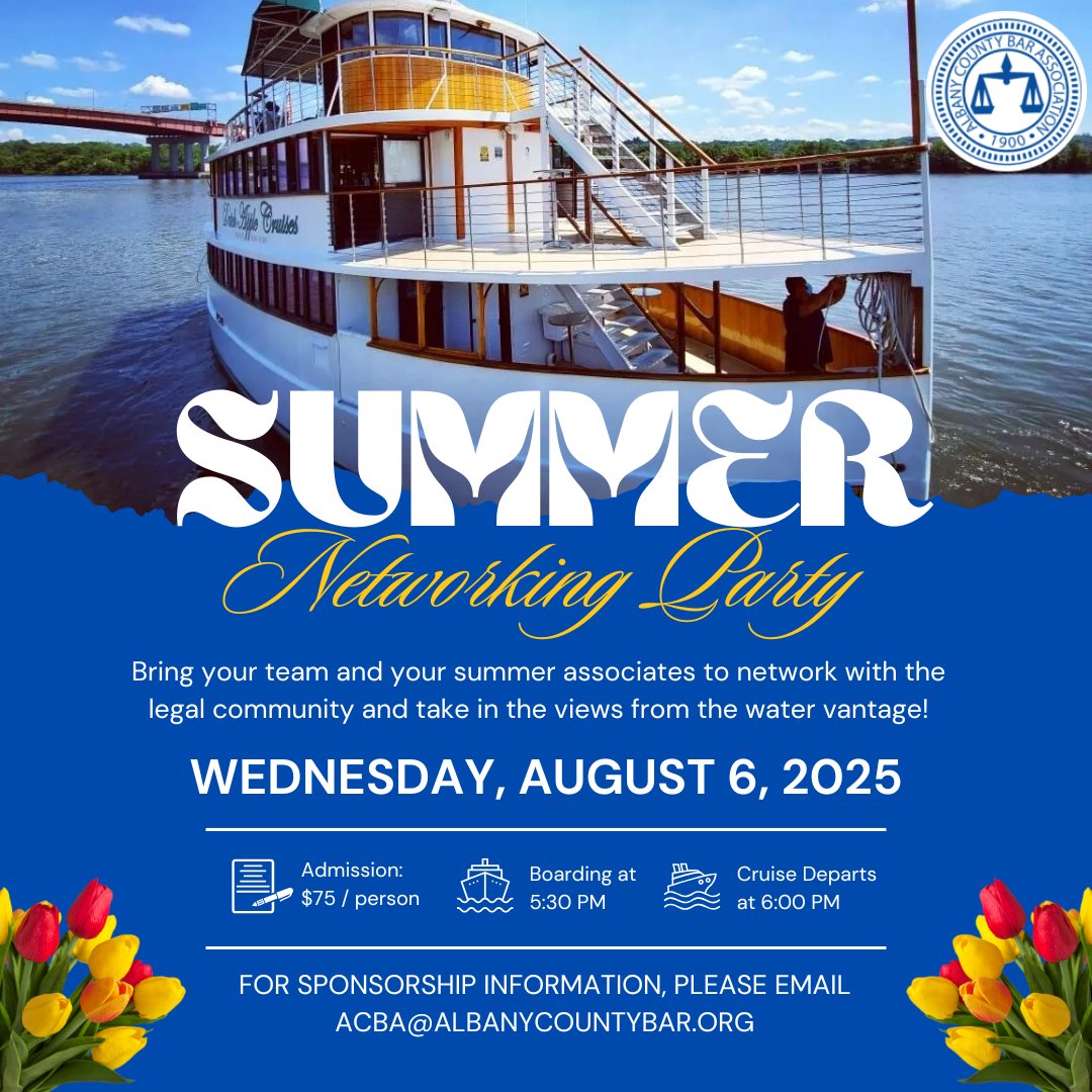 Make waves with the ACBA on August 6! Enjoy an evening of fun and camaraderie on the water from 6-8 p.m. Sponsorships available! albanycountybar.org/?pg=events&evA…