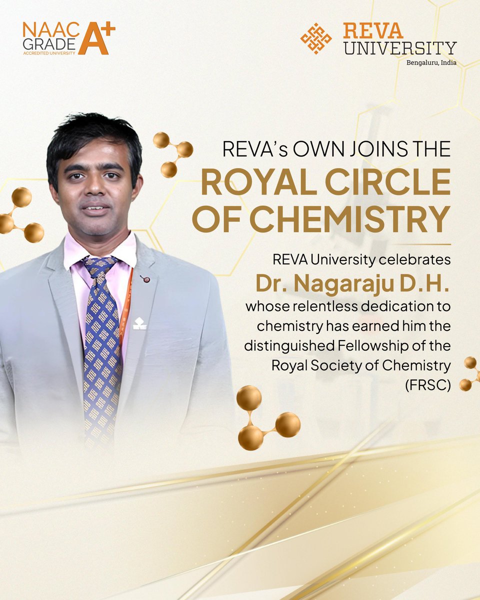 REVA University proudly celebrates a moment of academic excellence as Dr. Nagaraju D.H., Professor in the Department of Chemistry, is honoured with the prestigious Fellowship of the Royal Society of Chemistry (FRSC). His unwavering commitment to the field has placed him among the
