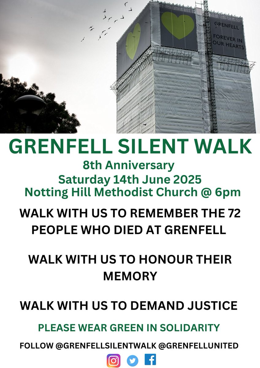 GrenfellUnited's tweet image. Five days until the 8th anniversary of Grenfell.
Walk with us this Saturday 14 June.
8 years on. No arrests. No justice.
The government wants the Tower out of sight and out of mind. But we won't stop until the criminals are brought to justice.
💚
