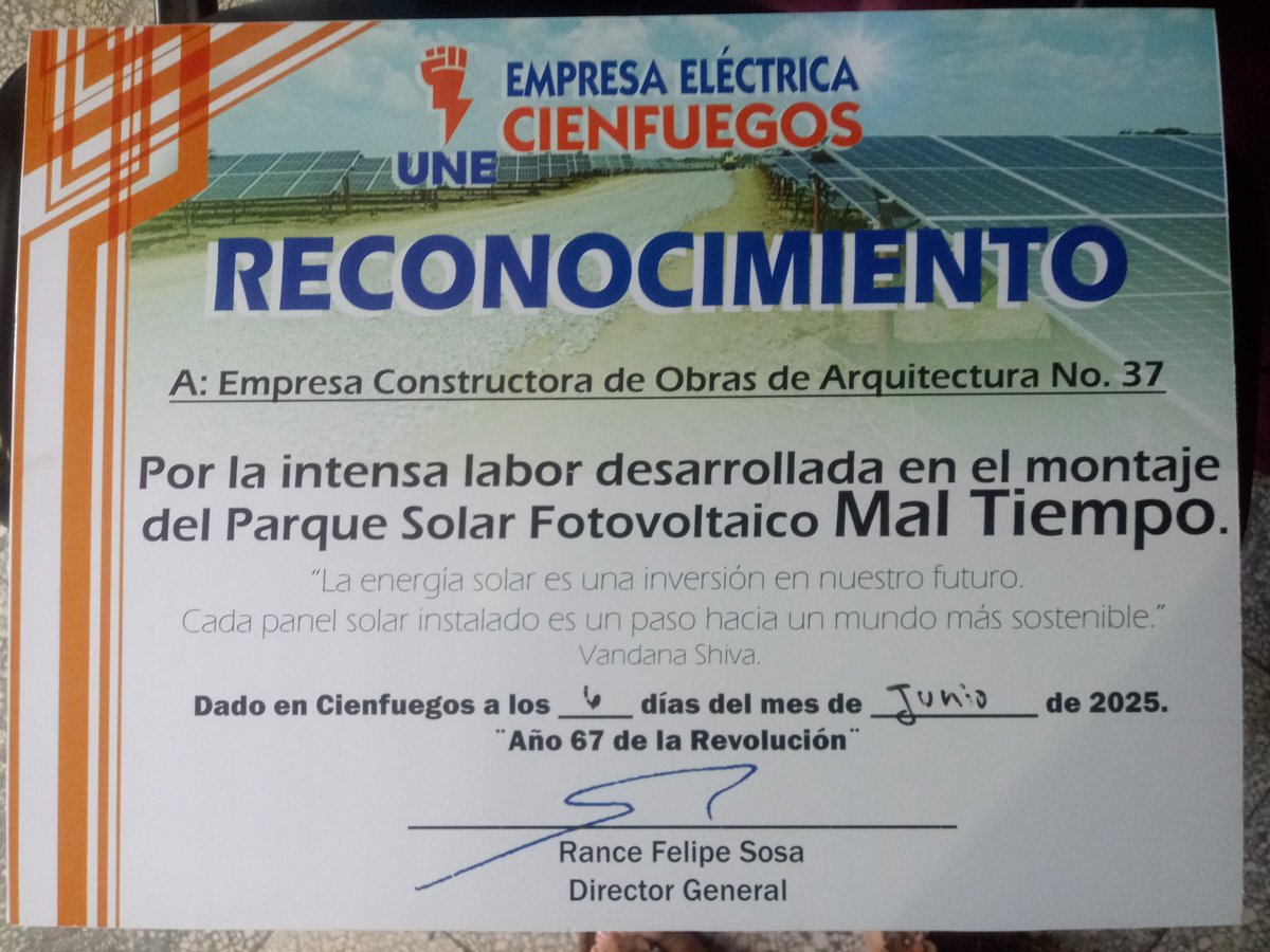 Recibe  la ECOA#37 Reconocimiento por la intensa labor desarrollada en el  Parque solar fotovoltaico Mal Tiempo en el municipio de Cruces en Cienfuegos.
El proyecto es un hito en la estrategia para diversificar la matriz energética de Cuba y avanzar hacia la soberanía energética.