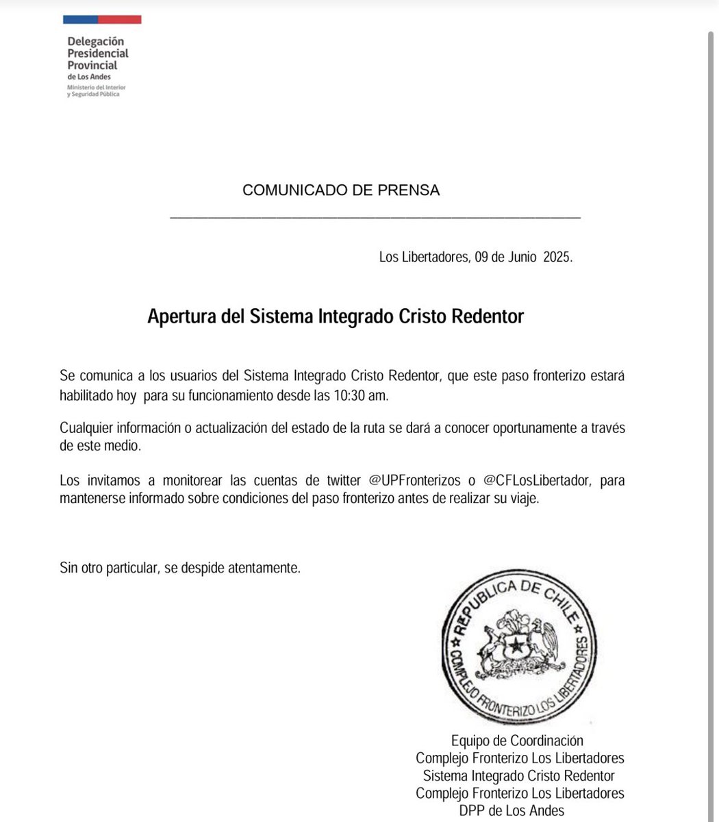 CFLosLibertador's tweet photo. [INFORMACIÓN] ⚠️🏔️

Se informa la APERTURA del Complejo Fronterizo Los Libertadores, a contar de las 10:30 horas de 🇨🇱 para todo tipo de vehículos. https://t.co/7f8xixuDtO