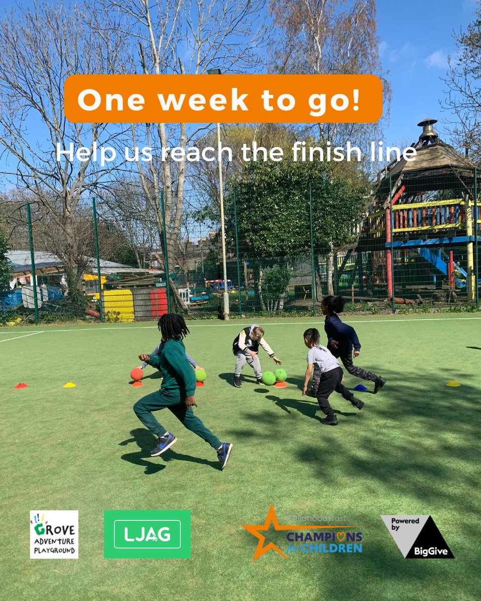 We’re halfway through our fundraiser to help secure Grove Adventure Playground’s future — THANK YOU to everyone who has donated so far! 🙏 But we’re not there yet. There’s just 1 week left &amp; every donation is MATCHED. Donate now: donate.biggive.org/campaign/a05WS…