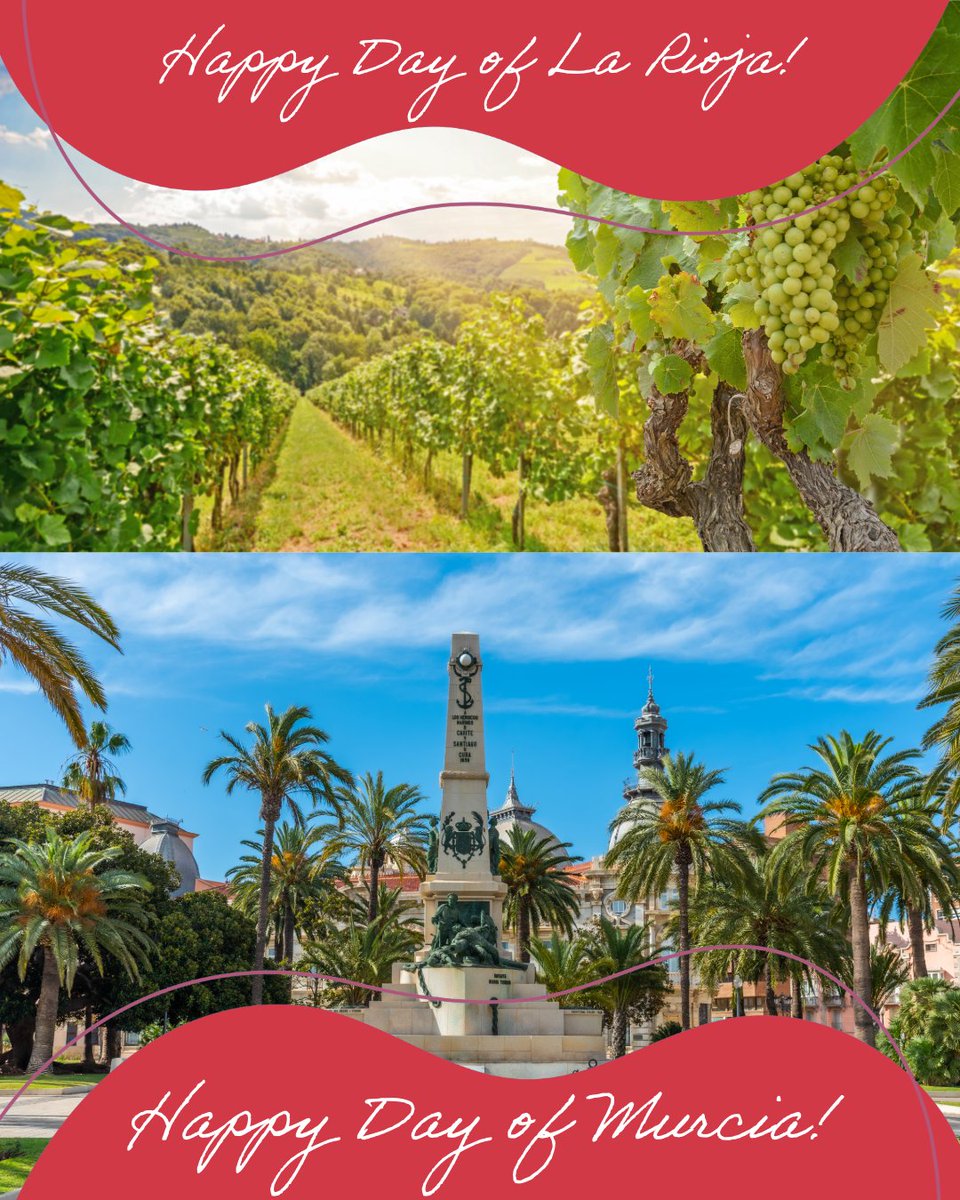 🍷🏛️Celebrating today:

📍La Rioja–Known worldwide for its wine, it is a land of rolling hills, medieval villages, and exquisite flavors.
📍Murcia–A glimpse of Cartagena’s historic square, featuring a tribute to Spain’s rich naval history.

Cheers to these two incredible regions!