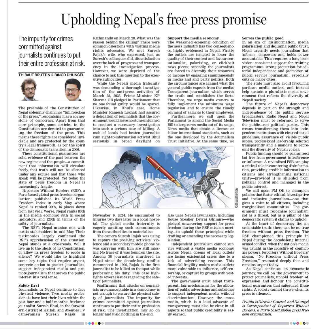 La semaine passée, avec notre correspondant au Népal <a href="/BinodDhungel/">Binod Dhungel</a> publication dans <a href="/kathmandupost/">The Kathmandu Post</a>  d'une tribune qui revient sur les leçons de ma mission récente. Un appel aux autorités à tenir la promesse de la Constitution, qui consacre une “pleine liberté de la presse”.