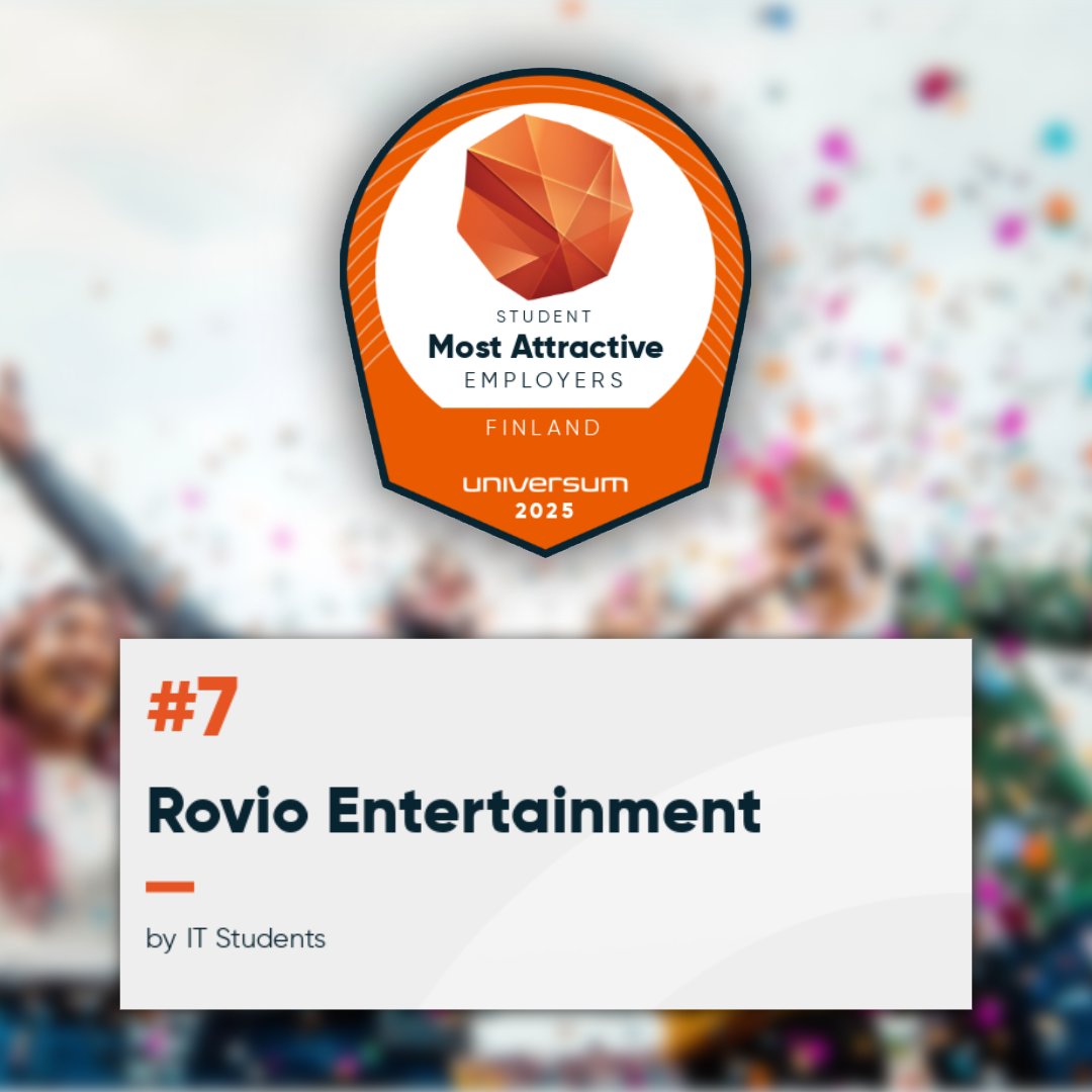 🏆 What’s better than being the 10th most attractive employer in Finland? Being the 7th most attractive employer in Finland! 😎

Rovio rose to the number 7 spot on Universum’s annual list of attractive employers, as selected by IT Students. 🎉 📈