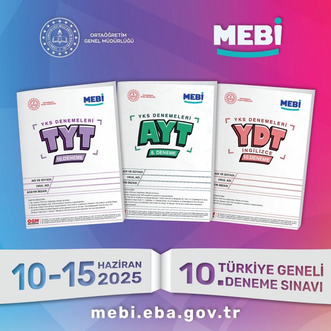 ⏳“MEBİ” ile Sınava Son Prova Seni Bekliyor❗️

📖 10. Türkiye Geneli Deneme Sınavı ✍🏻

📅 10- 15 Haziran 2025

👀 Hemen “MEBİ”ye göz at, tecrübeni çoğalt 🧿

🔗 mebi.eba.gov.tr
