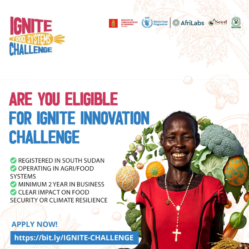 WFP_SouthSudan's tweet photo. Only 3 days left to apply for the IGNITE Food Systems Challenge💡

If you're an entrepreneur with good ideas on how to improve food security in #SouthSudan, don't miss this!

Apply here👇🏿