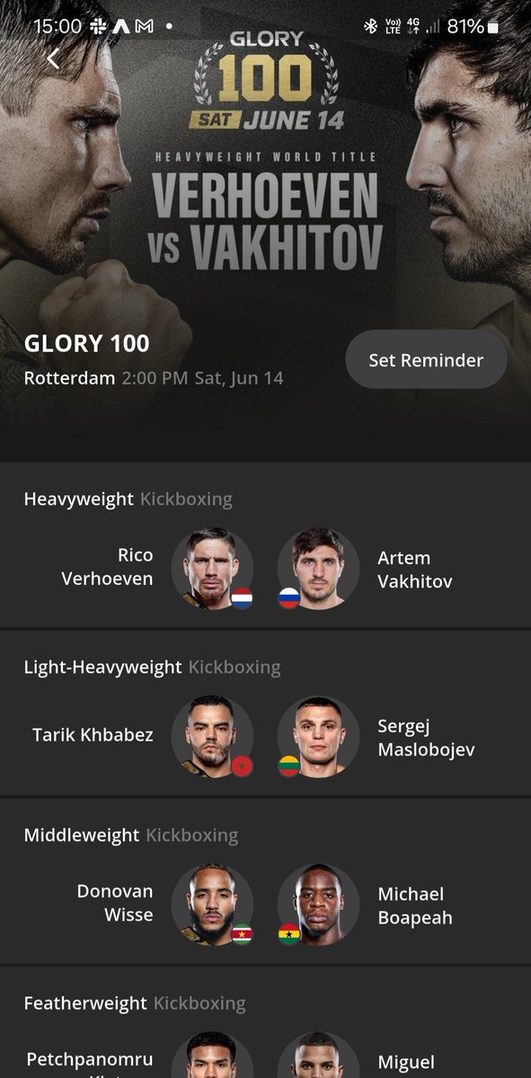GaryFightRecord's tweet photo. The new event page interface in the @_FightRecord app is looking slick. ๐จโ๐จ
In v2 users can now set reminders to get a notification when an event starts. ๐ฒ
Public release by midweek this week. ๐ช
#FightRecord #GLORY100 https://t.co/N21EUdLQby