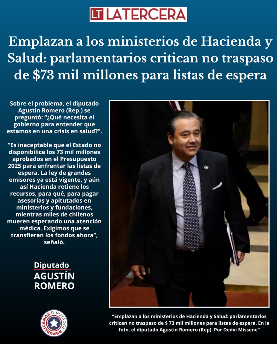 Mientras miles de chilenos mueren esperando una atención médica, el gobierno retiene $73 mil millones que el Congreso ya aprobó para listas de espera. ¿Hasta cuándo tanta indolencia? ¡Exigimos el traspaso ahora! Los invito a leer lo que dije a <a href="/latercera/">La Tercera</a> #RomeroenelCongreso