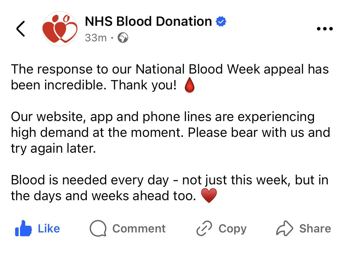 AntonyTiernan's tweet photo. Huge thanks to my team, @NHSBT colleagues and supporters for making the start of #NationalBloodWeek a success.
I never doubted the British public would rise to the challenge of helping us find 200,000 new blood donors.
Please bear with us - youโll be saving lives. โค๏ธ
#NHScomms https://t.co/ERHviYziXv