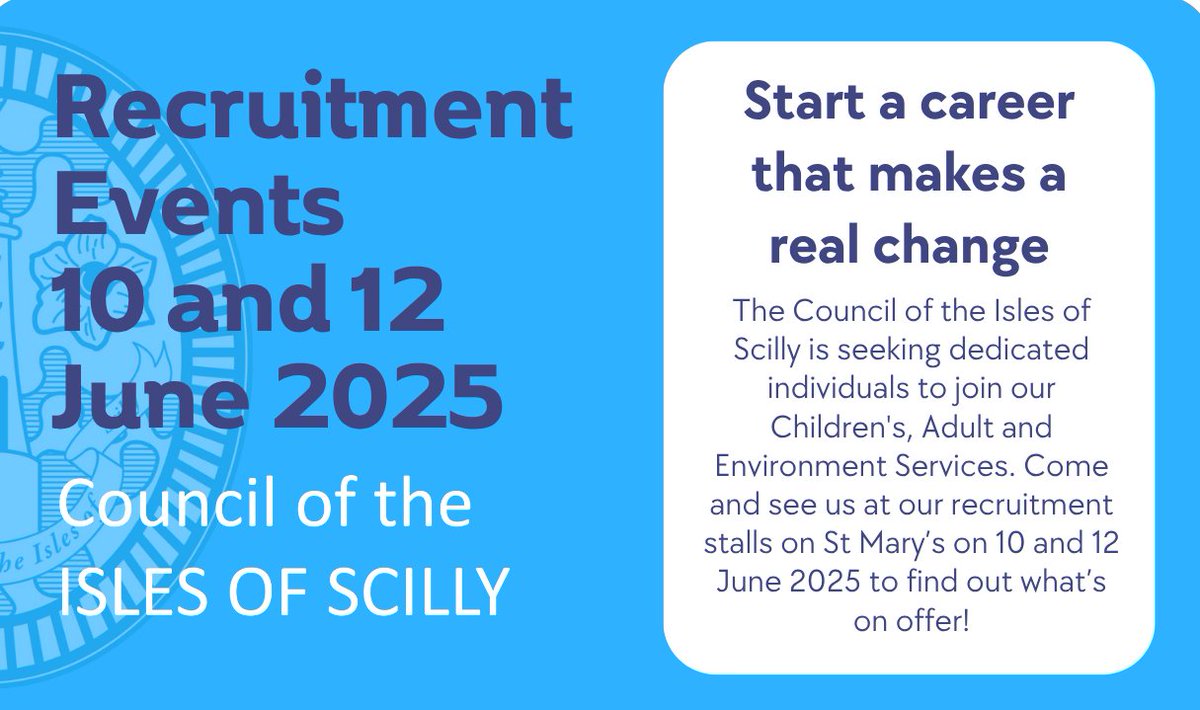 We invite you to join us for our recruitment events this week to find out about the current and future employment opportunities at the Council of the Isles of Scilly. Full details at the following link:
scilly.gov.uk/news/council-i…