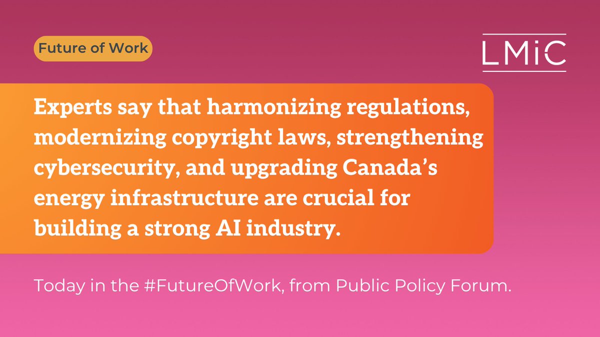 Labour Market Information Council (@lmic_cimt) on Twitter photo Experts say that harmonizing regulations, modernizing copyright laws, strengthening cybersecurity, and upgrading Canada’s energy infrastructure are crucial for building a strong AI industry.
Today in the #FutureOfWork, from <a href="/ppforumca/">Public Policy Forum</a>.
#CdnLMI #CdnEcon Experts say that harmonizing regulations, modernizing copyright laws, strengthening cybersecurity, and upgrading Canada’s energy infrastructure are crucial for building a strong AI industry.
Today in the #FutureOfWork, from <a href="/ppforumca/">Public Policy Forum</a>.
#CdnLMI #CdnEcon