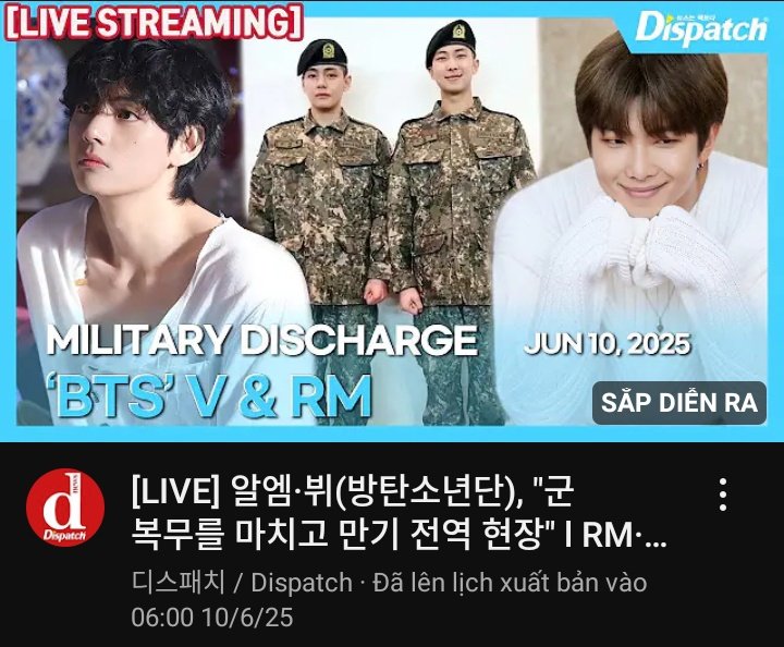 ‼️NGÀY MAI NGÀY 10/6 #RM VÀ #V CHÍNH THỨC XUẤT NGŨ‼️
 Thời gian sẽ rơi khoảng 6H~7H RM và Tae sẽ xuất ngũ. Sư đoàn của Tae và RM ở cũng một tỉnh Gangwon, nhưng ở hai vị trí khác nhau RM ở Sư đoàn 15 Hwacheon,Gangwon còn Tae ở Quân đoàn 2 Chuncheon,Gangwon 💜