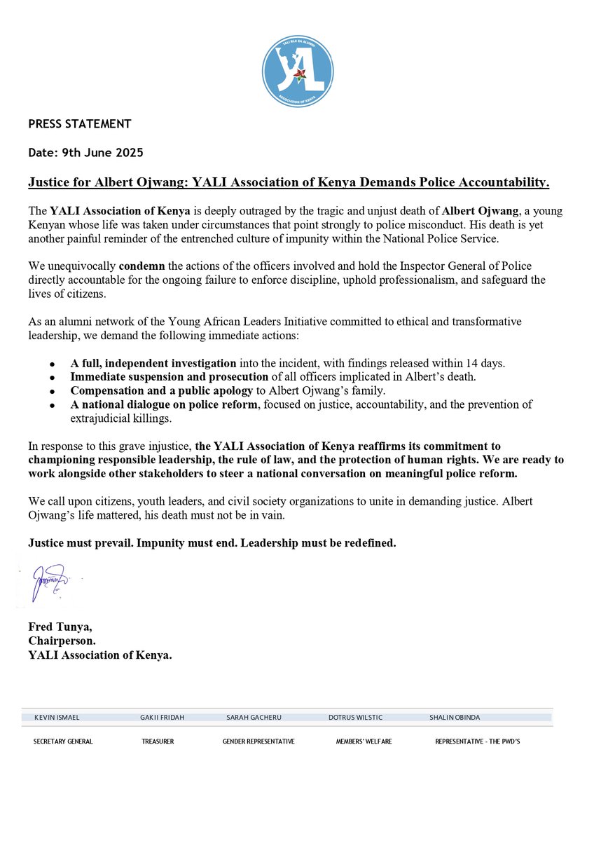 YALI RLC EA - Alumni Chapter of Kenya (@yalialumnike) on Twitter photo Albert Ojwang’s life was cut short under unjust circumstances.
<a href="/YALIAlumniKe/">YALI RLC EA - Alumni Chapter of Kenya</a> stands in outrage, demanding swift investigations, accountability & urgent police reform.
This is about justice. About the system.
Read our full statement👇
#YALIForJustice #JusticeForAlbertOjwang Albert Ojwang’s life was cut short under unjust circumstances.
<a href="/YALIAlumniKe/">YALI RLC EA - Alumni Chapter of Kenya</a> stands in outrage, demanding swift investigations, accountability & urgent police reform.
This is about justice. About the system.
Read our full statement👇
#YALIForJustice #JusticeForAlbertOjwang
