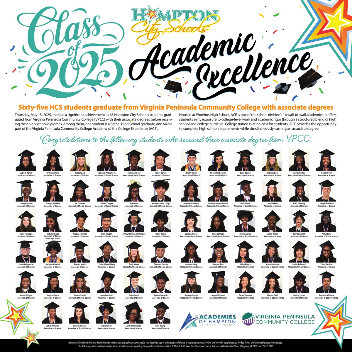 Hampton City Schools (@hamptoncschools) on Twitter photo ICYMI - Congratulations to 65 Hampton City Schools students who graduated with their associate degree from Virginia Peninsula Community College. #WeAreHCS <a href="/PhoebusHS1/">Phoebus High School</a> <a href="/BHSOfficialHCS/">BHS Official</a> <a href="/VPCCva/">Virginia Peninsula Community College</a> ICYMI - Congratulations to 65 Hampton City Schools students who graduated with their associate degree from Virginia Peninsula Community College. #WeAreHCS <a href="/PhoebusHS1/">Phoebus High School</a> <a href="/BHSOfficialHCS/">BHS Official</a> <a href="/VPCCva/">Virginia Peninsula Community College</a>