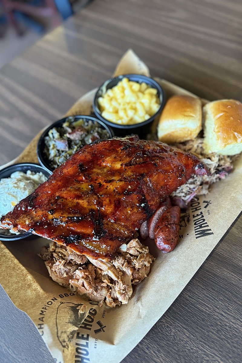 Our Ultimate Platter comes with 3 meats, 4 ribs and 3 sides. Hot are ready for you! 

🏆World Champion BBQ
🕕Open 7 days a week 
🍽️ Dine in or to-go
📱Order online and app / wholehogcafe.com

#wearethewholehog #arkansasbbq #BBQNation #bbqlovers #hogheaven #25in25
