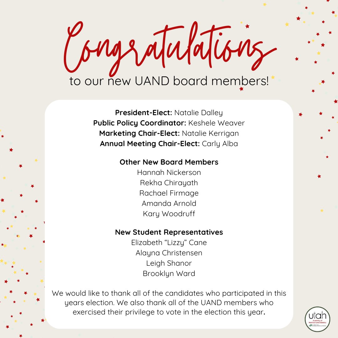 eatrightUT's tweet photo. Congratulations to our new UAND Board Members! 🥳 https://t.co/DgSE6KxPMh