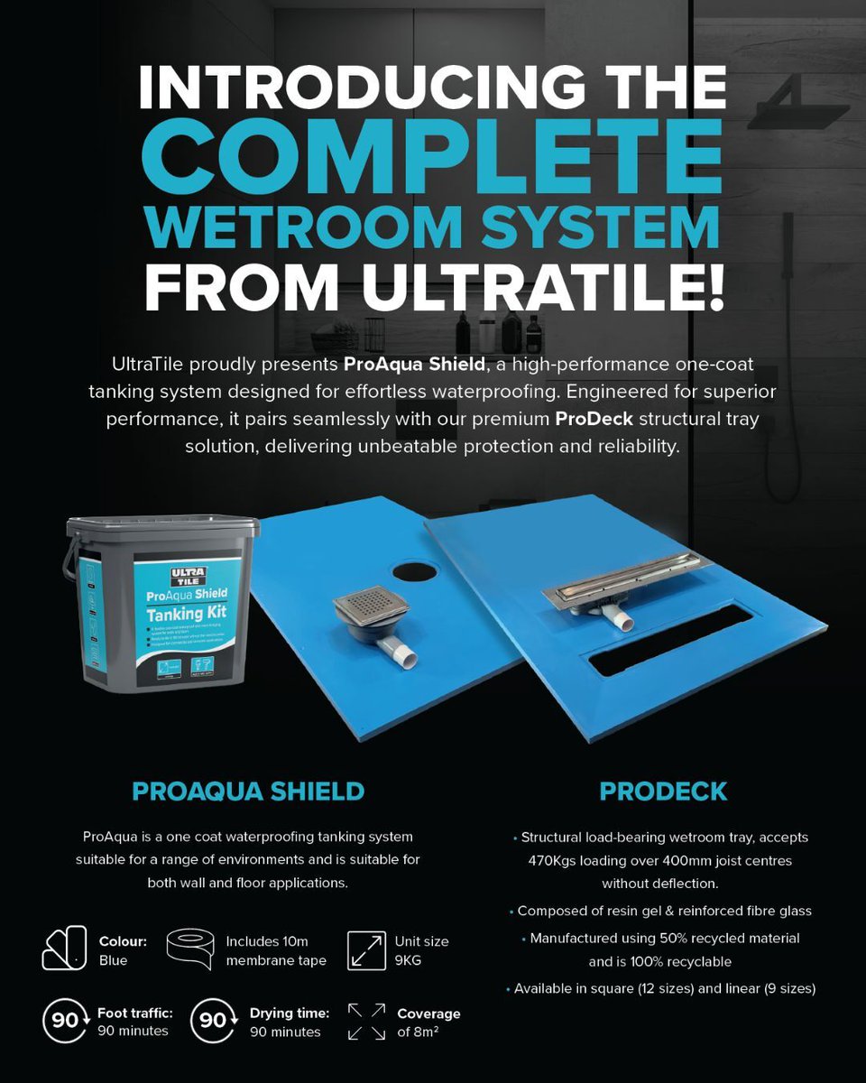 Introducing the complete Wetroom System from UltraTile! We are proud to present ProAqua Shield, a high-performance one-coat tanking system designed for effortless waterproofing 💧

🔗 hubs.ly/Q03qRLyx0 

#TankingKit #Wetrooms #WetroomKit