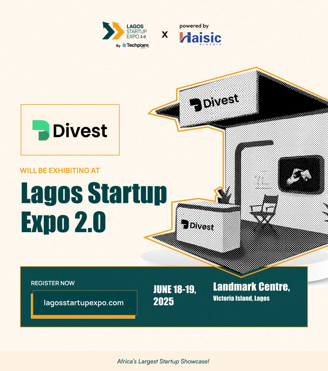 Divest (<a href="/Usedivest/">Divest</a>) is exhibiting at #LagosStartupExpo 2.0 by Techpoint Africa!

Divest is a fintech platform that allows individuals and businesses to instantly buy or sell cryptocurrency like USDT, BTC, and ETH using local currency, primarily Naira (NGN), serving both retail
