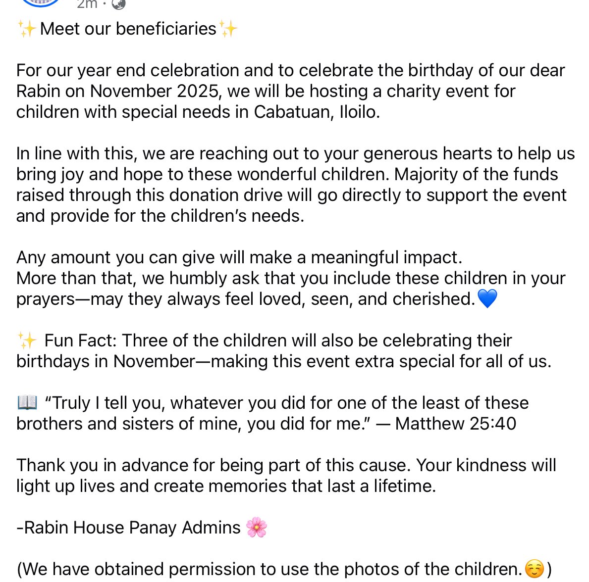 RABINHOUSEPANAY's tweet photo. [1/2]

Meet our beneficiaries✨

Thank you in advance for being part of this cause. Your kindness will light up lives and create memories that last a lifetime.

-Rabin House Panay Admins 

(We have obtained permission to use the photos of the children.☺️) https://t.co/PxaY92wcVm