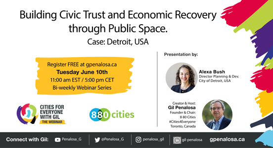 🗓️Tomorrow at 11:00 AM EST/5:00 PM CET! Join Cities for Everyone with Gil as #K880Champ, Alexa Bush shares how Detroit is rebuilding civic trust and economic recovery through community-led public space. 
 🔗us06web.zoom.us/webinar/regist…
#880Cities #CreatingCitiesForAll