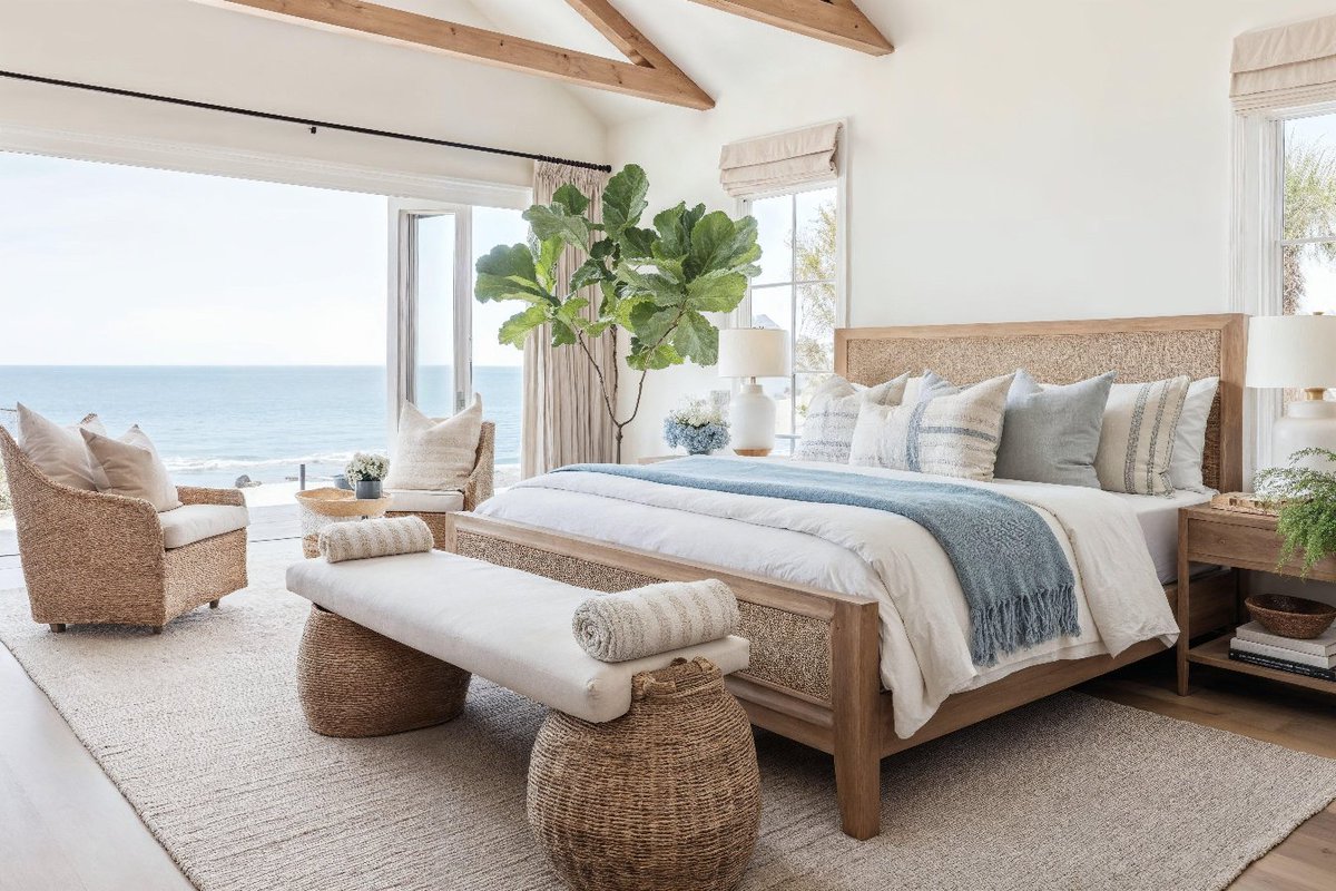 Soft blues, natural wood, and an endless view of the ocean make this room a daily reminder to slow down and appreciate the beauty around us. 💙🌅🌿 

How do you bring nature’s calm into your home? Tell us below! 

#CoastalDecor #BeachHouseVibes #OceanInspired #InteriorDesign