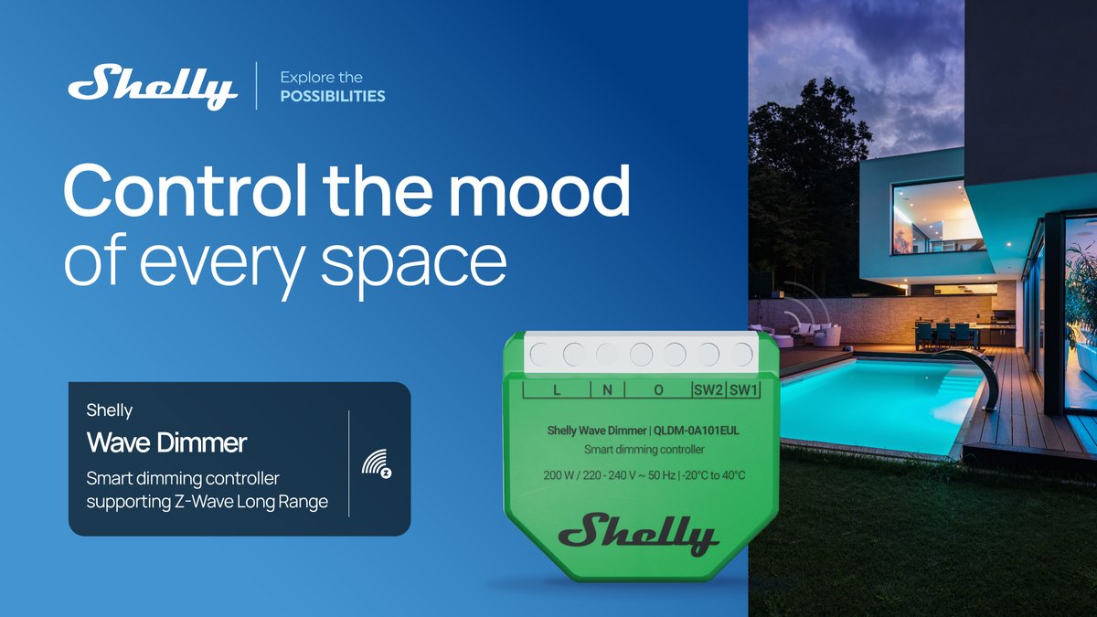 Shelly Wave Dimmer - our first Z-Wave Long Range device is here! 
⚡No neutral wiring required!
🕒 Lights that follow your routine
📲 Remote control

No mess. No hassle. Just the perfect lighting: shelly.link/Wave-Dimmer-X
Requires a gateway
#ShellySmarthome #ShellyIoT #Newproduct