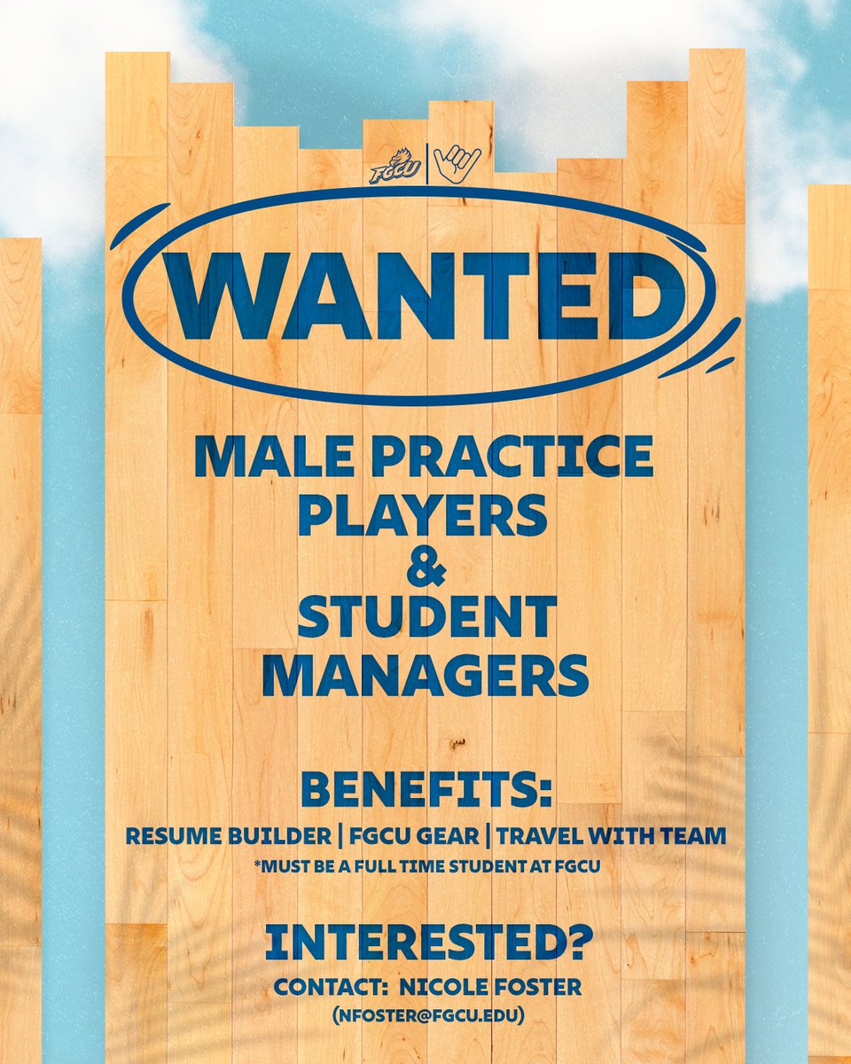 FGCU_WBB's tweet image. Looking to get involved with athletics? We are looking for male practice players &amp;amp; student managers!🦅

Reach out to Nicole Foster if interested.

#Raining3s #WingsUp