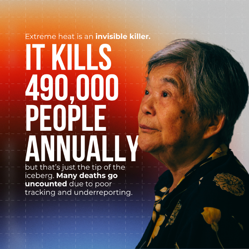 ifrc's tweet photo. Extreme heat is an invisible killer.

It kills 490,000 people annually but that’s just the tip of the iceberg. Many deaths go uncounted due to poor tracking and underreporting.

Explore the report produced by the @IFRC and the @RCClimate. 👇