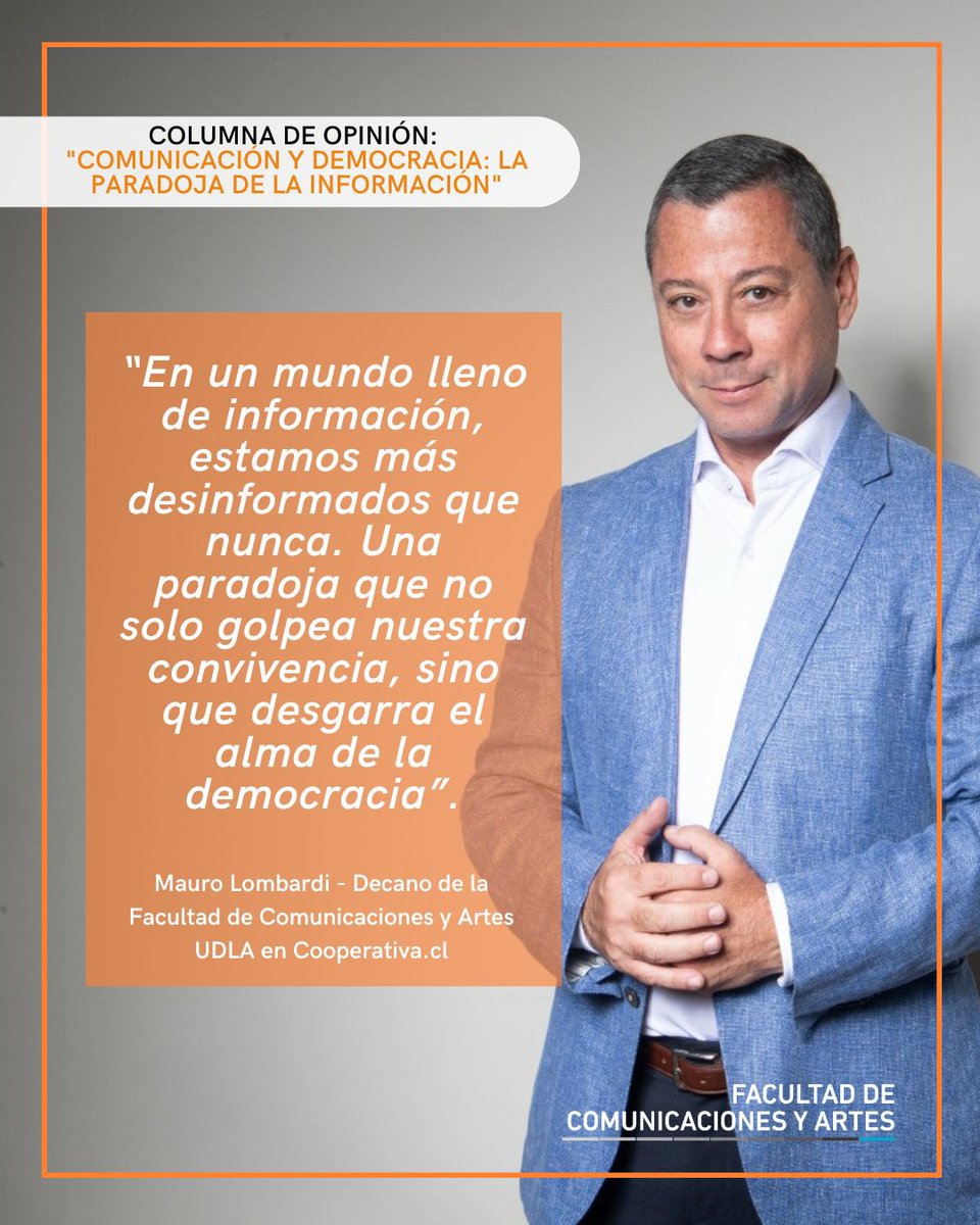 Facultad de Comunicaciones y Artes UDLA (@comyartesudla) on Twitter photo 📣 Compartimos la columna de nuestro decano <a href="/maurolombard/">Mauro Lombardi</a>, publicada por <a href="/Cooperativa/">Cooperativa</a>: "Comunicación y democracia: la paradoja de la información".
Acá👉 tinyurl.com/2cgxh3he
#ComunicadoresUDLA 📣 Compartimos la columna de nuestro decano <a href="/maurolombard/">Mauro Lombardi</a>, publicada por <a href="/Cooperativa/">Cooperativa</a>: "Comunicación y democracia: la paradoja de la información".
Acá👉 tinyurl.com/2cgxh3he
#ComunicadoresUDLA