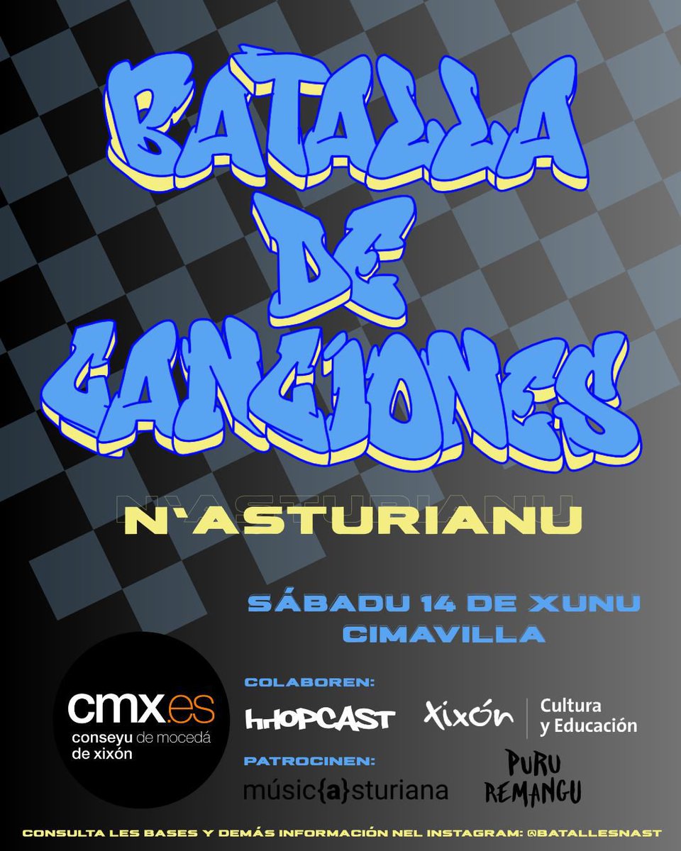 🔔ÚLTIMOS DÍAS INSCRIPCIONES🔔

🗓️ Sábadu, 14 xunu 2025
💲De baldre (gratis)

INFO👉 f.mtr.cool/cpumjdhrji

Inscripciones👇
f.mtr.cool/amhpfhldqj

#batalla #canciones #asturianu #xixon