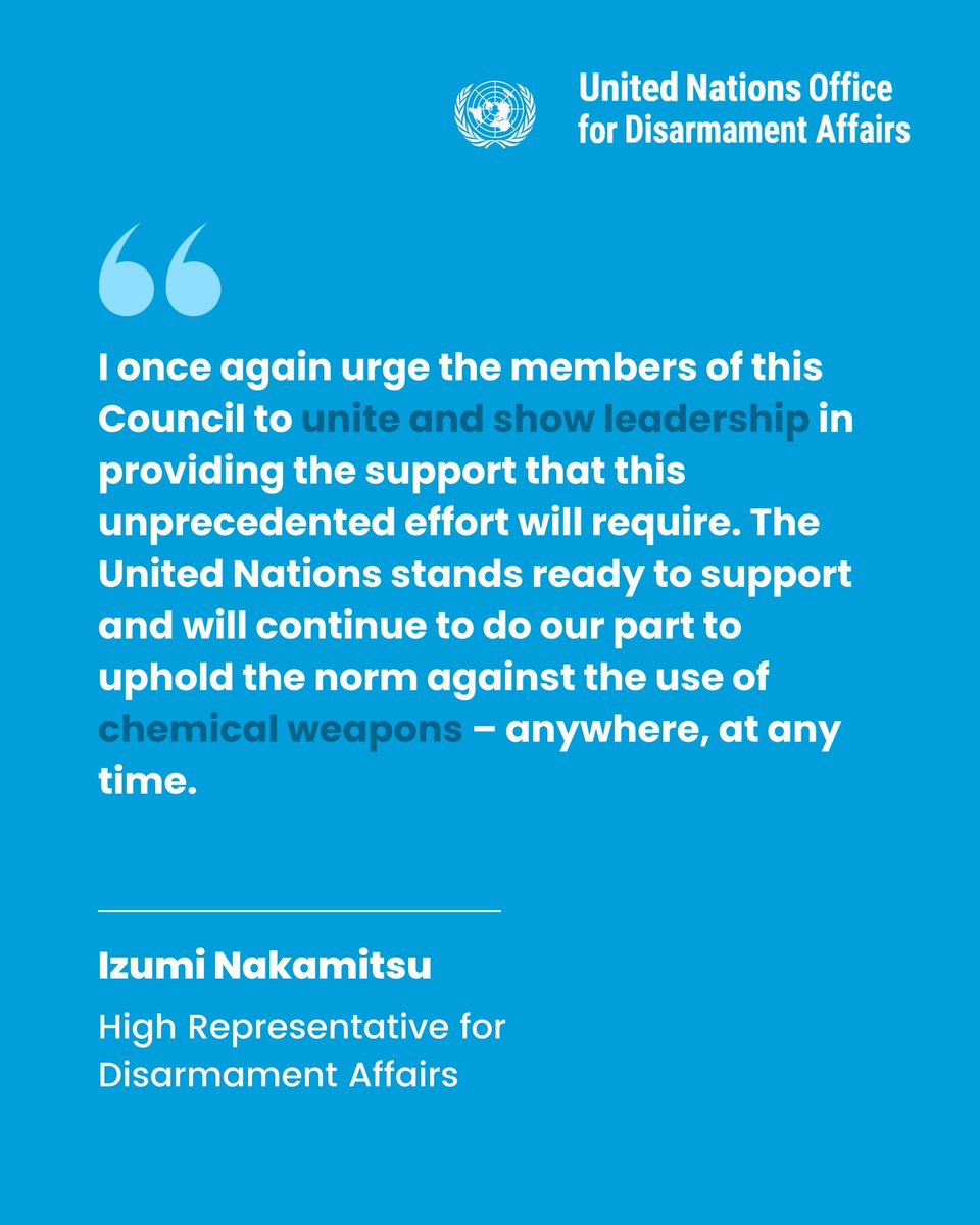 ODA (@un_disarmament) on Twitter photo On Thursday, UNODA High Representative <a href="/INakamitsu/">Izumi Nakamitsu</a> briefed the Security Council on the elimination of Syria’s chemical weapons program.
Full remarks here: ▶️rb.gy/04sc8t On Thursday, UNODA High Representative <a href="/INakamitsu/">Izumi Nakamitsu</a> briefed the Security Council on the elimination of Syria’s chemical weapons program.
Full remarks here: ▶️rb.gy/04sc8t